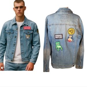 Y2K blue denim jean trucker jacket novelty patches Ninja Turtles The Office Sz M